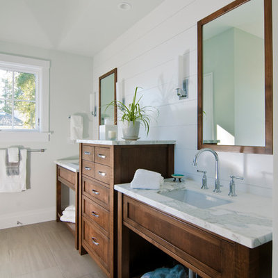 Inspiration for a timeless gray tile bathroom remodel in San Francisco with an undermount sink, dark wood cabinets and shaker cabinets