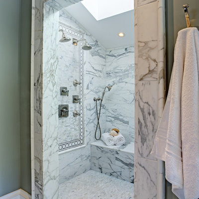 Example of a mid-sized classic master white tile marble floor bathroom design in San Francisco with green walls, raised-panel cabinets, white cabinets, a one-piece toilet and a drop-in sink