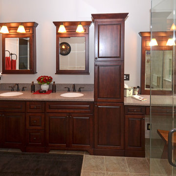Traditional Bathroom Remodel with View of Unique Storage Tower and Double Sinks