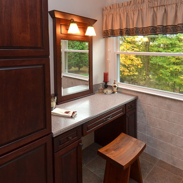 Traditional Bathroom Remodel with View of Women's Make-up Vanity with Wood Bench