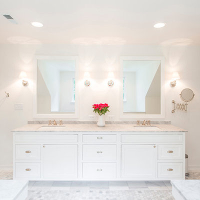 Example of a classic white tile and subway tile alcove shower design in Baltimore with an undermount sink, flat-panel cabinets and white cabinets