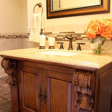 Traditional Bathroom Vanity With Travertine Countertop & Bronze Faucet