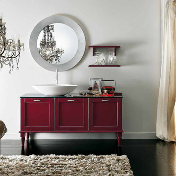 Traditional bathroom with dark red vanity