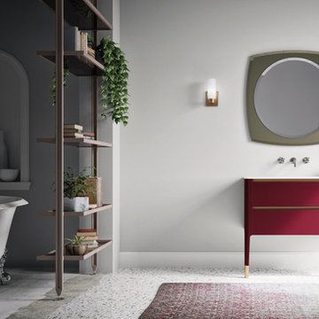 Traditional bathroom with small deep red vanity