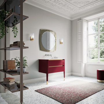 Traditional bathroom with small deep red vanity