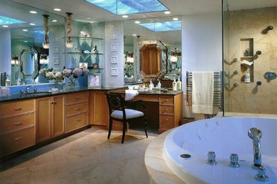 Bathroom - large traditional master beige tile and mosaic tile porcelain tile bathroom idea in Chicago with an undermount sink, recessed-panel cabinets, medium tone wood cabinets, granite countertops and gray walls