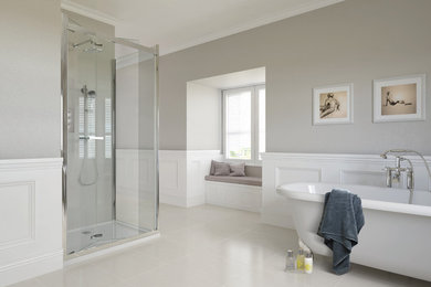 Inspiration for a large traditional ensuite bathroom in Other with a claw-foot bath, a corner shower, grey walls, porcelain flooring, white tiles and ceramic tiles.