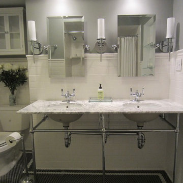 Traditional Grey/Gray And White Bathroom With Carrara Counter And Subway Tile