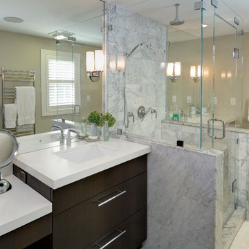 Traditional Master bathroom, frameless shower door, carrera marble tile, heated