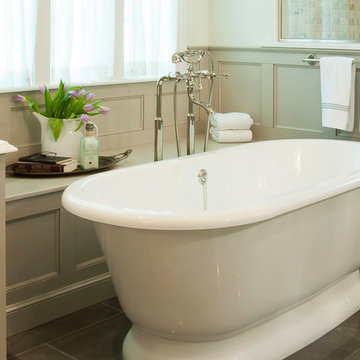 Traditional Master Bathroom Renovation Wainscot Paneling and Freestanding Tub