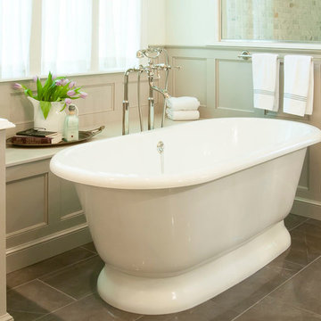 Traditional Master Bathroom Renovation Wainscot Paneling and Freestanding Tub