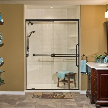 Traditional Shower with Wood Bench & Grab Bars