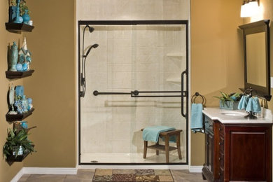 Traditional Shower with Wood Bench & Grab Bars