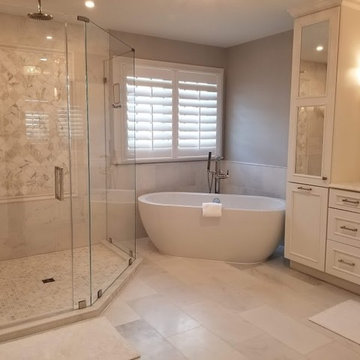 Traditional Style White Bathroom with Glass Shower Enclosure and Vanity Mirror