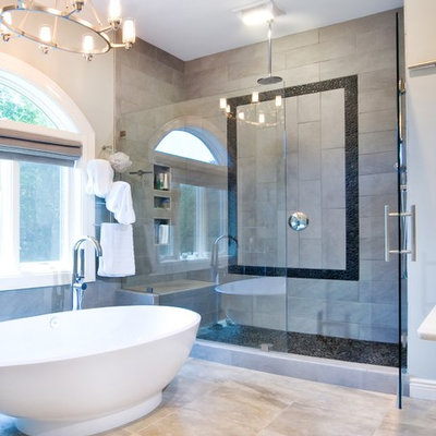 Bathroom - contemporary gray tile bathroom idea in Charleston