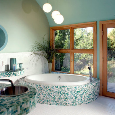 Example of a minimalist mosaic tile bathroom design in Milwaukee with turquoise countertops