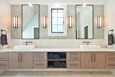 Example of a large eclectic master white tile and marble tile marble floor and white floor bathroom design in Nashville with flat-panel cabinets, distressed cabinets, white walls, a vessel sink, quartz countertops, a hinged shower door and white countertops
