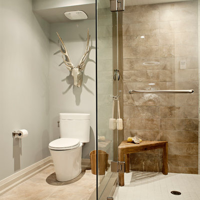 Corner shower - transitional beige tile corner shower idea in Toronto