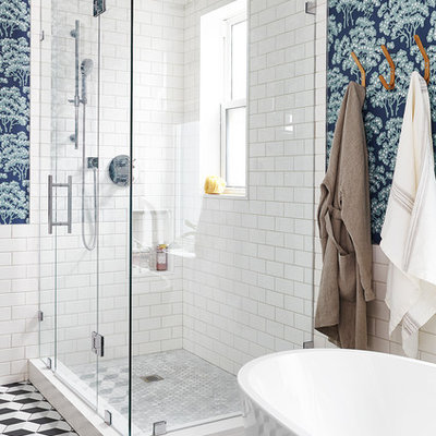 Bathroom - transitional master gray tile, white tile and subway tile mosaic tile floor bathroom idea in Toronto with multicolored walls and a hinged shower door