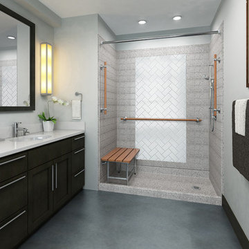 Transitional Bathroom walk in shower wood grab bar accessible shower