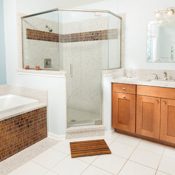Transitional bathroom with mettallic copper tiles