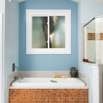 Transitional bathroom with mettallic copper tiles