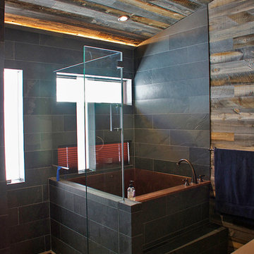 Transitional Bathroom with Reclaimed Wood and Copper Tub
