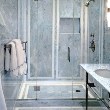 Transitional Blue Marble Bath - Luxury in New York City designed by Brett Design