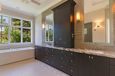 Inspiration for a transitional bathroom remodel in Miami with flat-panel cabinets and dark wood cabinets