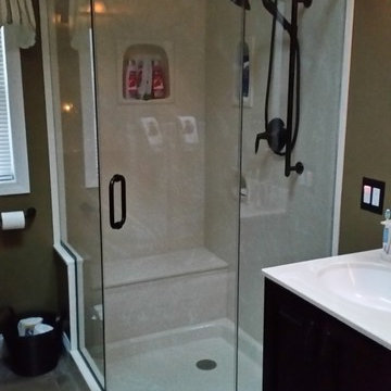 Transitional Corner shower bathroom remodel w/solid surface counter top