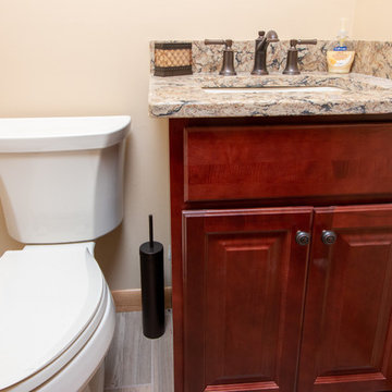 Transitional Crimson Vanity finish 1/2 bath remodel w/Bradshaw quartz countertop