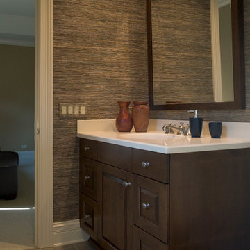 Transitional dark-wood vanity with square mirror and grass cloth walls