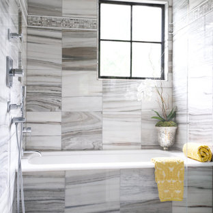 Example of a mid-sized trendy master multicolored tile and marble tile marble floor and multicolored floor bathroom design in Other with an undermount tub, shaker cabinets, a two-piece toilet, an undermount sink, marble countertops and multicolored walls
