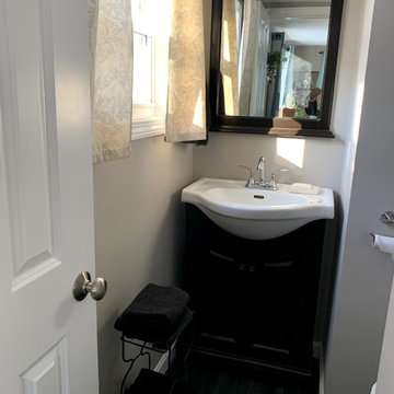 Transitional Expresso Small Vanity half bath remodel with matching mirror