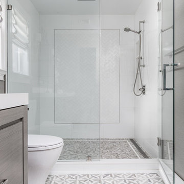Transitional Marble Bathroom With Oversized Shower Enclosure