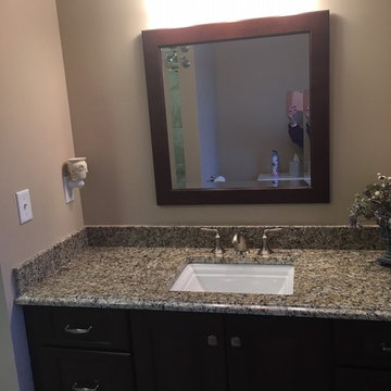 Transitional Marble Falls Bathroom Remodel w/ Oro Brazil Granite Countertop