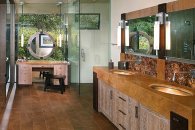 Large transitional master bathroom photo in Orange County with recessed-panel cabinets and medium tone wood cabinets