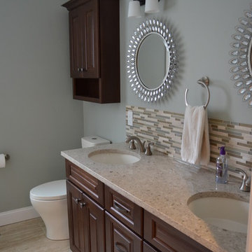Transitional New Constrn. Guest Bathroom w/ Chocolate Vanity & Spa tile