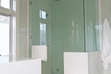 Example of a large transitional master white tile and mosaic tile marble floor corner shower design in San Diego with furniture-like cabinets, white cabinets, marble countertops, a two-piece toilet, an undermount sink and white walls