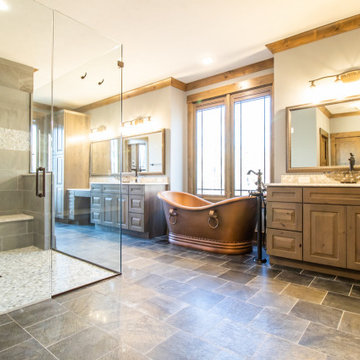 Transitional Rustic Custom Home-Master Bath, Copper soaktub, Double Shower
