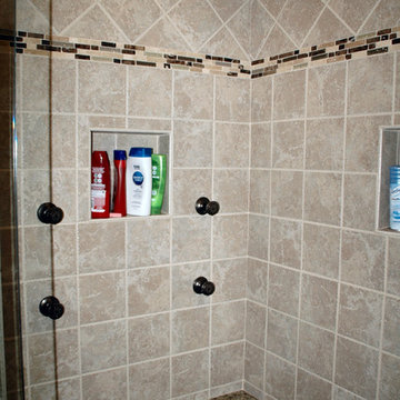 Transitional Tile Shower Master Bathroom Remodel w/ Granite Shower Seat
