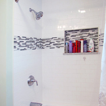 Transitional White Paint Vanity Bathroom Remodel w/tile tub walls
