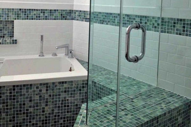 Bathroom - mid-sized coastal 3/4 green tile and mosaic tile bathroom idea in Other with white walls and a hinged shower door