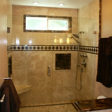 Travertine and Polished Marble Bathroom