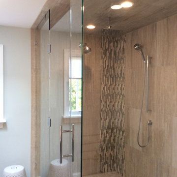 Travertine-look Porcelain with Glass and Stone Mosaic Waterfall Look