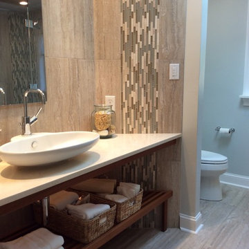 Travertine-look Porcelain with Glass and Stone Mosaic Waterfall Look