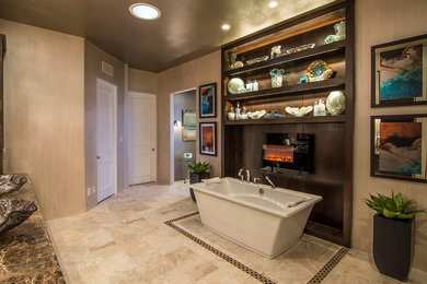 Inspiration for a transitional ceramic tile freestanding bathtub remodel in Phoenix with a vessel sink and beige walls