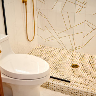 Example of a small island style kids' white tile and porcelain tile mosaic tile floor, white floor, single-sink and wallpaper ceiling bathroom design in San Diego with flat-panel cabinets, medium tone wood cabinets, a two-piece toilet, white walls, an integrated sink, quartz countertops, a hinged shower door, white countertops and a floating vanity