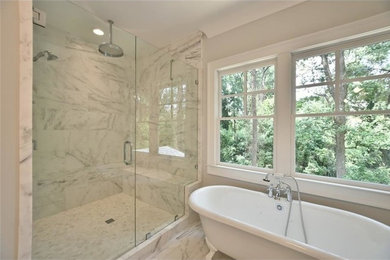 Bathroom - large transitional master gray tile, white tile and stone tile marble floor and gray floor bathroom idea in Atlanta with gray walls, shaker cabinets, white cabinets, an undermount sink, marble countertops and a hinged shower door