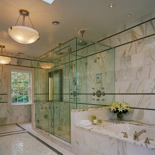 Example of a large minimalist master white tile and ceramic tile ceramic tile and multicolored floor double shower design in DC Metro with an undermount tub, multicolored walls and a hinged shower door
